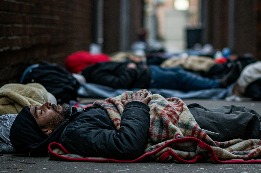 homeless people saving sleeping